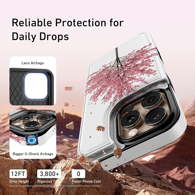 FUNMIKO for iPhone 16 Pro Wallet Case with Card Holder, RFID-Blocking, Military-Grade Protection & UV-Printed Artwork, Magnetic Closure with Leather Kickstand - Blooming Cherry Tree