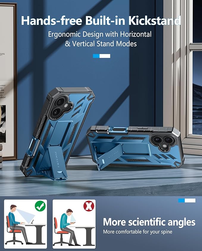 FNTCASE for iPhone 16 Phone Case: for iPhone 16 case with Kickstand Shockproof Military Grade Protective Cover - Dual Layer Full Protection Sturdy Matte Textured Drop Proof - 6.1 Inch Blue