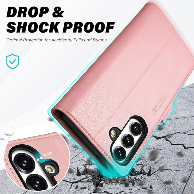 TUCCH Wallet Case for Galaxy S25, Magnetic PU Leather Stand [RFID Blocking] Credit Card Holder Flip Cover with [TPU Shockproof Interior Case] Compatible with Galaxy S25 6.2" 2025, Rose Gold