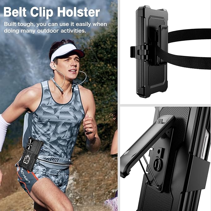 VEGO for Galaxy Z Fold 4 Case with Belt Clip Holster, 360°Ring Magnetic Kickstand & Camera Cover & Front Screen Protector, Hinge Protection Shockproof Armor Cover - Midnight Black