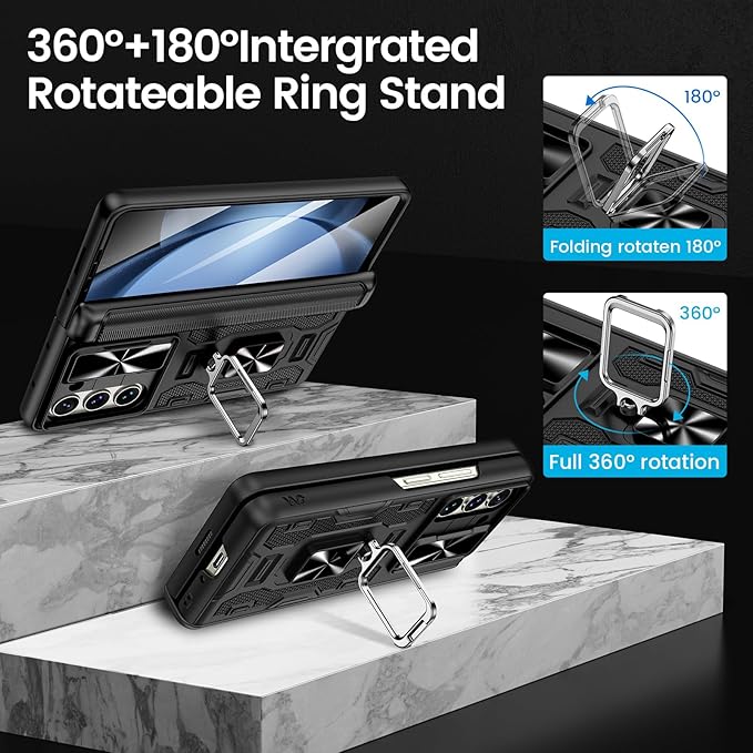 VEGO for Galaxy Z Fold 5 Case with Belt Clip Holster, 360°Ring Magnetic Kickstand & Camera Cover & Front Screen Protector, Hinge Protection Shockproof Armor Cover - Black
