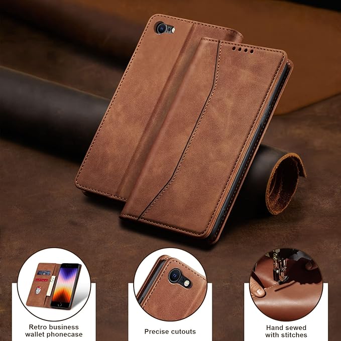 Jasonyu Flip Wallet Case for iPhone SE 2022/2020/8/7,Leather Magnetic Folio Cover with Card Holder,Kickstand - TPU Shockproof Durable Protective Phone Case,Brown