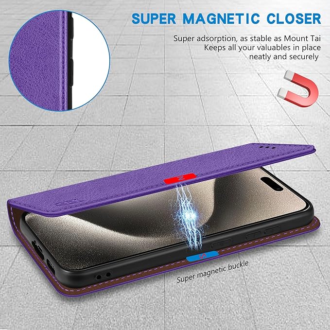 ZZXX for iPhone 15 Pro Max Wallet Case with [RFID Blocking] Card Slot Stand Strong Magnetic Leather Flip Fold Protective Phone Case for iPhone 15 Pro Max Case Wallet(Purple-6.7 inch)