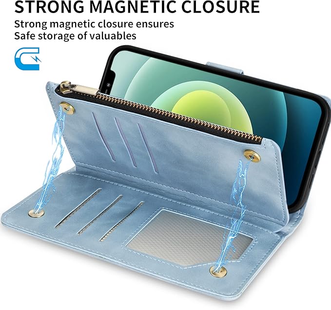 ZZXX for iPhone 12 Mini Wallet Case with Card Slot Premium Soft PU Leather Zipper Flip Folio Wallet with Wrist Strap Kickstand Protective for iPhone 12 Mini Case Wallet(Light Blue 5.4 inch)