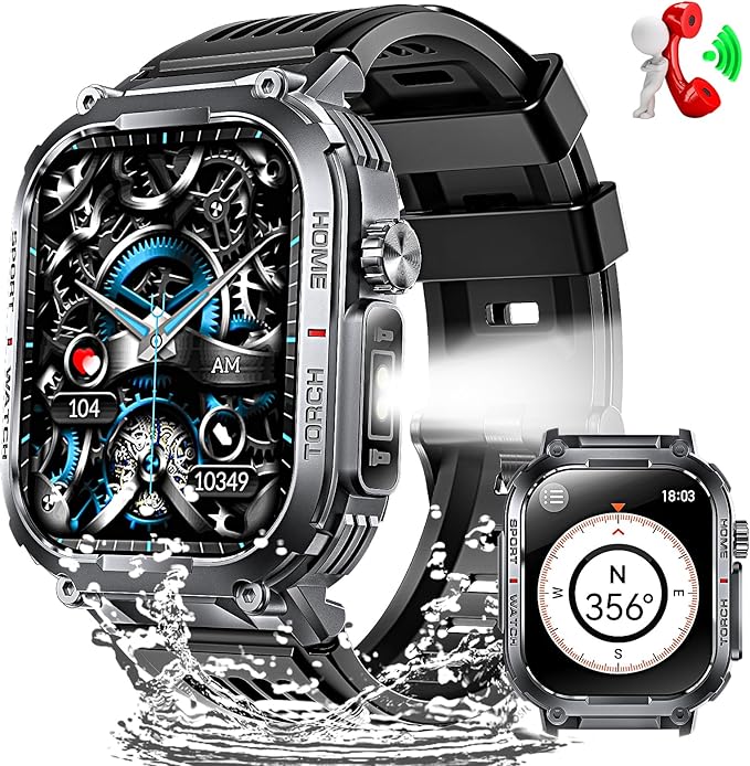 Military Smart Watches for Men with LED Flashlight Compass (Answer/Make Call) 2.02" Fitness Tracker with 100+ Sport Modes Heart Rate Sleep Monitor 400mAh 3ATM Waterproof Smartwatch for iPhone Android