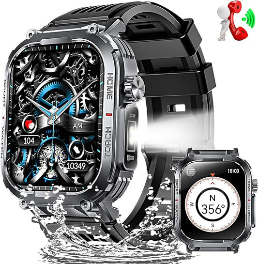 Military Smart Watches for Men with LED Flashlight Compass (Answer/Make Call) 2.02" Fitness Tracker with 100+ Sport Modes Heart Rate Sleep Monitor 400mAh 3ATM Waterproof Smartwatch for iPhone Android