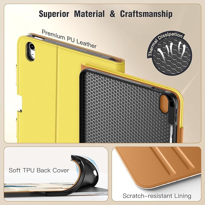 MoKo for iPad (A16) 11th Generation Case 11 inch 2025, iPad 10th Generation Case 10.9" 2022 with Pencil Holder & Pocket, Premium Leather Folio Stand Cover, Multiple Viewing Angles, Light Yellow