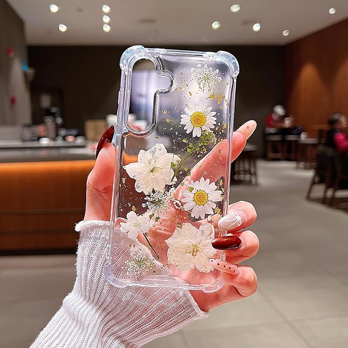 Compatible with Samsung Galaxy S25 Plus Case Cute Pressed Dried Real Flowers Women Girly Shockproof Glitter Floral Clear Phone Cover S25+ (White Flower)