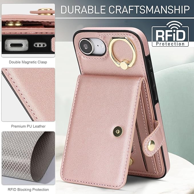 Compatible iPhone 16e Wallet Case with Card Holder RFID Blocking PU Leather Doubles as a Wallet Unisex Flip Shockproof Protection with Card Slots Ring Wrist Kickstand Function,Rose Gold