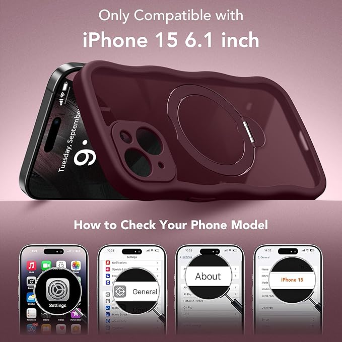 GolbinBox for iPhone 15 Case for Women,[Compatible with Magsafe][360° Spin Magnetic Stand][Cute Wave Edge][Military-Grade Protection] Translucent Matte Phone Case for iPhone 15, Wine Red