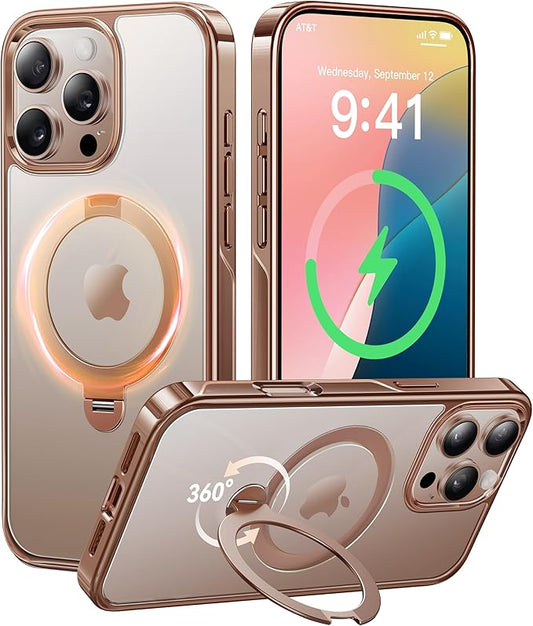 CASEKOO 360 Spin Magnetic Stand Desert Titanium for iPhone 16 Pro Max Case [Compatible with Magsafe][16FT Military Protection] Slim Polished for iPhone 16 ProMax Case with Stand 6.9'', Rose Gold