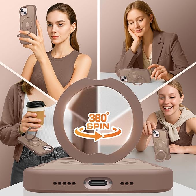 for iPhone 13 Case & iPhone 14 Case for Women,[Compatible with Magsafe][360° Spin Magnetic Stand][Cute Wave Edge][Military-Grade Protection]Translucent Matte Phone case for iPhone 13/14, Brown