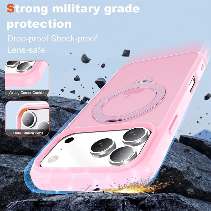 Compatible with iPhone 17 Pro Max Case with Invisible Magnetic 360°Spin Stand,Military-Grade Shockproof Protection [Compatible with Mag-Safe] Non-Slip Edge Translucent Case (6.9",Pink)