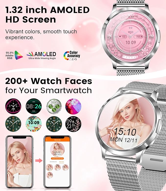 SUNKTA Smart Watch for Women, 1.32" AMOLED Smart Watches, 100+ Sports Mode Fitness Tracker Watch, 5ATM Womens Waterproof Watches with Bluetooth Calling/IP68/Sleep, Smartwatch for Android iOS