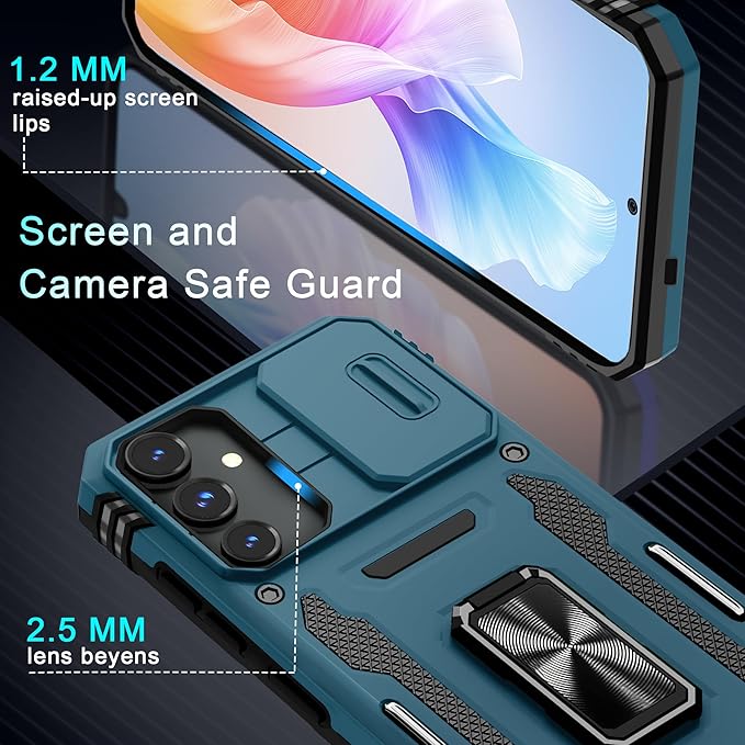 DEERLAMN Case for Samsung Galaxy S24+ Plus with Slide Camera Cover+Screen Protector (1 Pack), Rotated Ring Kickstand Military Grade Shockproof Protective Cover-Light Blue