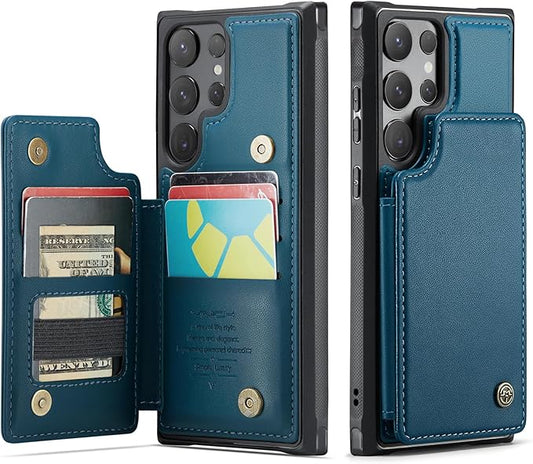 Vinich for Samsung Galaxy S24 Ultra Wallet Case with Card Holder, RFID Blocking Credit Slots Kickstand Shockproof Phone Cover for Women Men, Blue