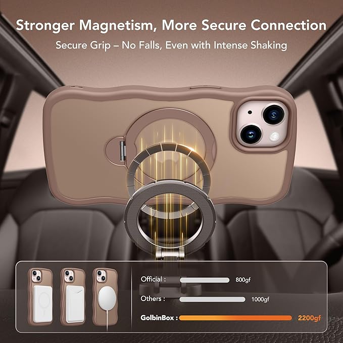 for iPhone 13 Case & iPhone 14 Case for Women,[Compatible with Magsafe][360° Spin Magnetic Stand][Cute Wave Edge][Military-Grade Protection]Translucent Matte Phone case for iPhone 13/14, Brown