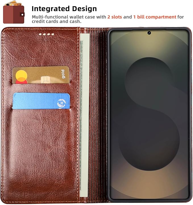 for Samsung Galaxy S23 Ultra Wallet Case, Genuine Leather Flip Folio Cover with RFID Blocking Card Holder & Kickstand, [Shockproof TPU Inner Shell] for Samsung Galaxy S23 Ultra, Brown