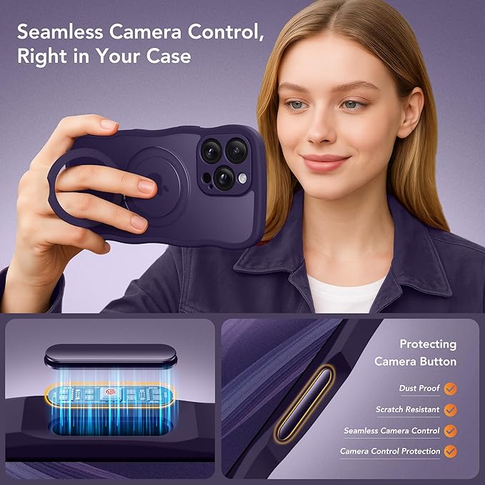 GolbinBox for iPhone 16 Pro Case for Women,[Compatible with Magsafe][360° Spin Magnetic Stand][Cute Wave Edge][Military-Grade Protection] Translucent Matte Phone Case for iPhone 16 Pro, Dark Purple