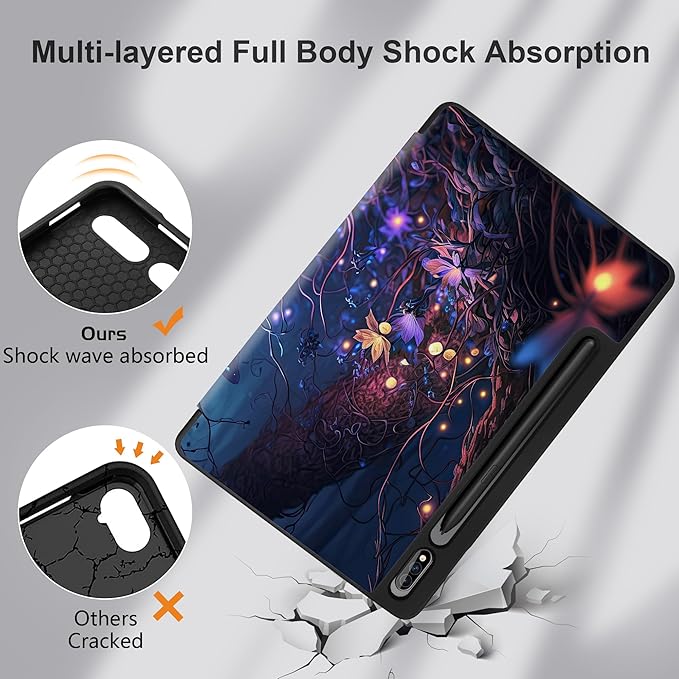 Case for Samsung Galaxy Tab S8 2022 & S7 2020, Shockproof Tablet Case for Samsung Tab S8/S7 11 inch with Auto Sleep/Wake + Trifold Stand + Soft TPU Back Cover, Glowing Flower