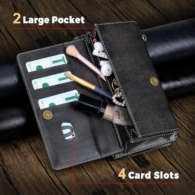 for iPhone 12&12 Pro Wallet Phone Case with 7 Card Holder,RFID Blocking | PU Leather | Kickstand | Flip | Wrist Strap&Shoulder Strap | Shockproof | Zipper Wallet | Women Men | 6.1" | Black