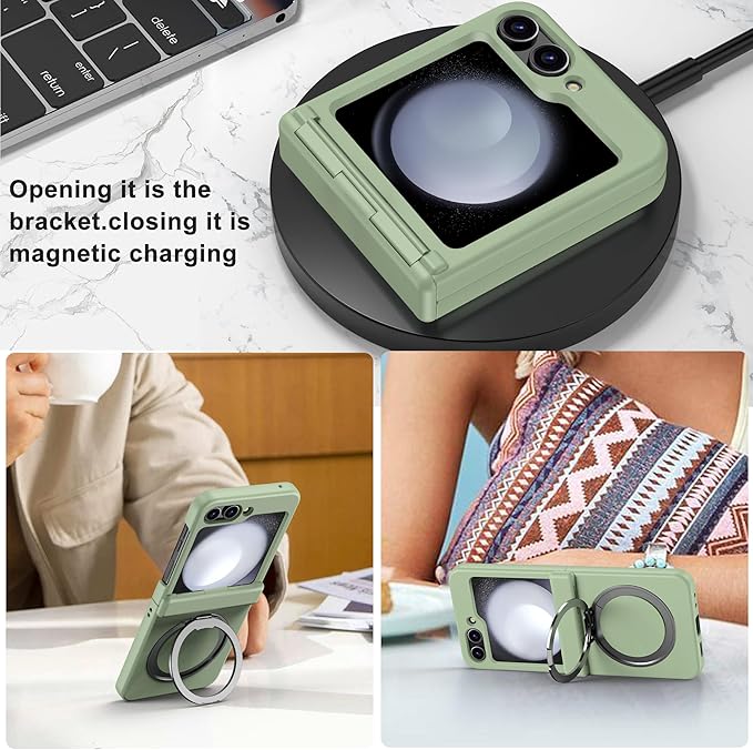 Magnetic Case for Samsung Galaxy Z Flip 5 Compatible with Magsafe, Built-in Kickstand & TPU Hinge Protection Flip 5 Case, Matte PC Cover Ultra Shockproof Phone Case for Z Flip5 (Light Green)