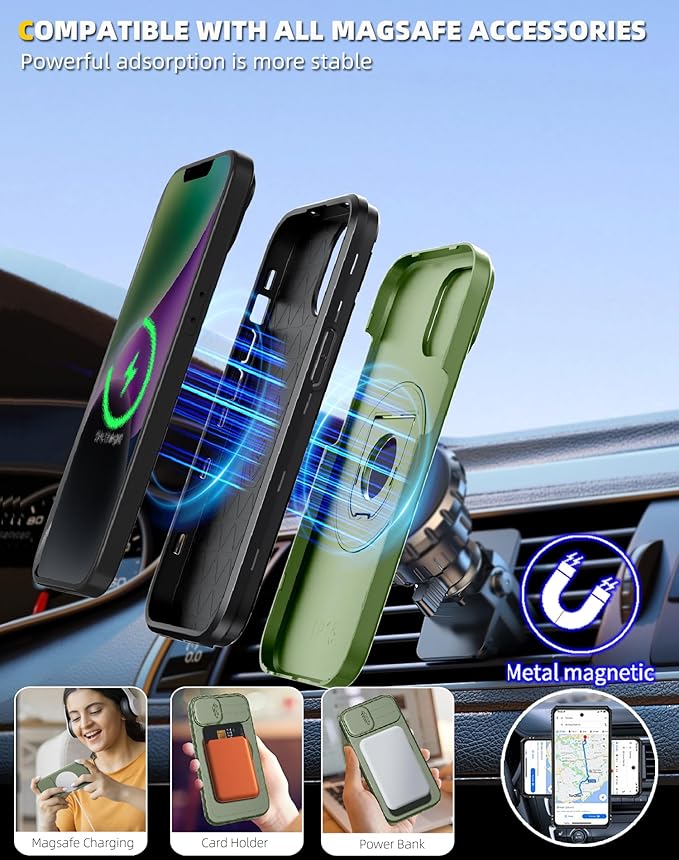 for iPhone 13 Case & for iPhone 14 Case Magnetic Compatible with MagSafe Wireless Charging with 2 Screen Protectors,Built-in Kickstand & Camera Cover Military Grade Heavy Duty Protection Green