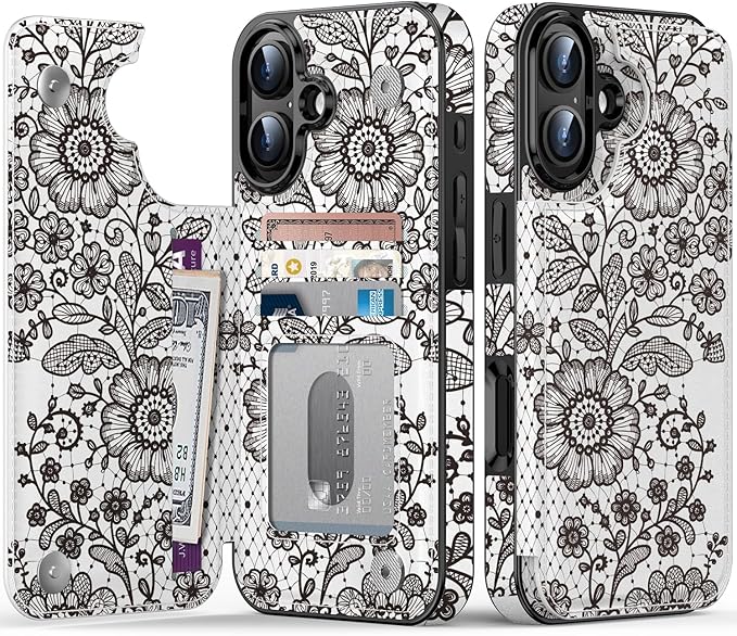 FUNMIKO for iPhone 16 Plus Wallet Case with Card Holder, RFID-Blocking, Military-Grade Protection & UV-Printed Artwork, Magnetic Closure with Leather Kickstand - Graceful Lace Floral