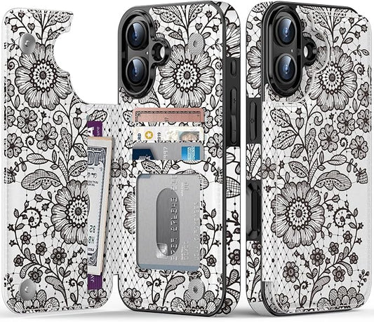 FUNMIKO for iPhone 16 Plus Wallet Case with Card Holder, RFID-Blocking, Military-Grade Protection & UV-Printed Artwork, Magnetic Closure with Leather Kickstand - Graceful Lace Floral