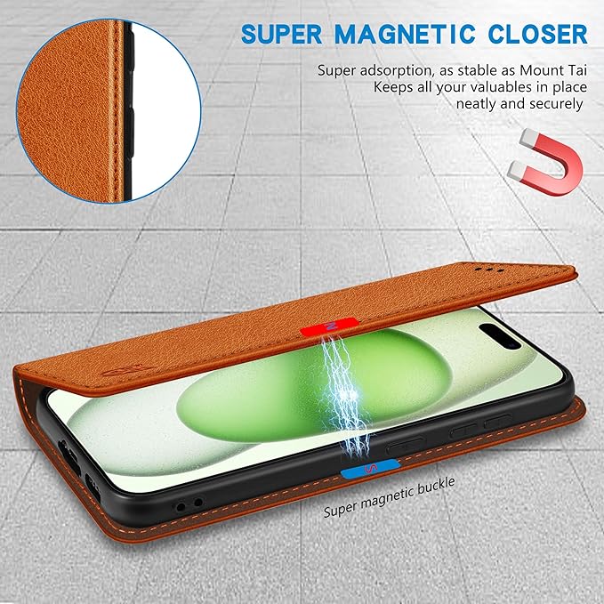 ZZXX for iPhone 15 Plus Wallet Case with [RFID Blocking] Card Slot Stand Strong Magnetic Leather Flip Fold Protective Phone Case for iPhone 15 Plus Case Wallet(Brown-6.7 inch)