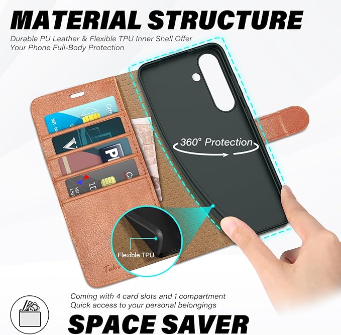 TUCCH Wallet Case for Galaxy S25 Plus 5G with [TPU Shockproof Interior Case] [RFID Blocking] Folio Stand Card Slot, Magnetic PU Leather Protect Folio Cover Compatible with Galaxy S25 Plus, Light Brown