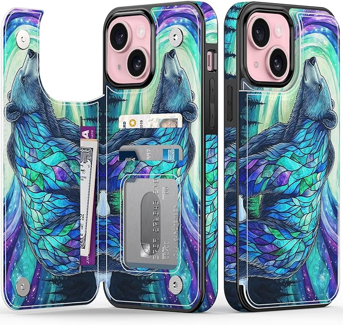 FUNMIKO for iPhone 15 Wallet Case with Card Holder, RFID-Blocking, Military-Grade Protection & UV-Printed Artwork, Magnetic Closure with Leather Kickstand - Prismatic Aurora Bear