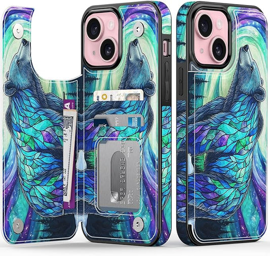 FUNMIKO for iPhone 13 Mini Wallet Case with Card Holder, RFID-Blocking, Military-Grade Protection & UV-Printed Artwork, Magnetic Closure with Leather Kickstand - Prismatic Aurora Bear