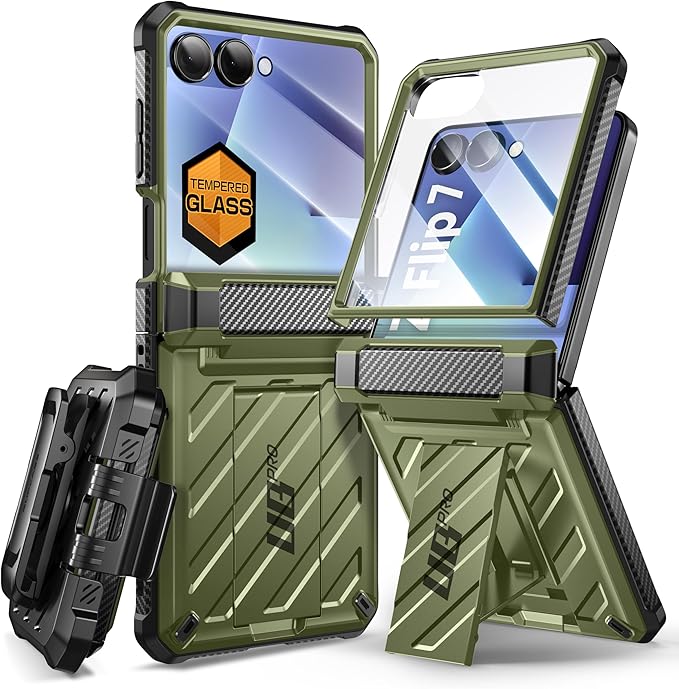 SUPCASE for Samsung Galaxy Z Flip 7 Case with Built-in Stand & Belt-Clip (Unicorn Beetle Pro), [Hinge Protection] [Front Tempered Glass Screen Protector] Full Body Military-Grade Phone Cover, Guldan