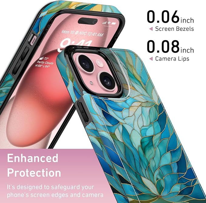 FUNMIKO for iPhone 15 Wallet Case with Card Holder, RFID-Blocking, Military-Grade Protection & UV-Printed Artwork, Magnetic Closure with Leather Kickstand - Sleek Cyan Leaf