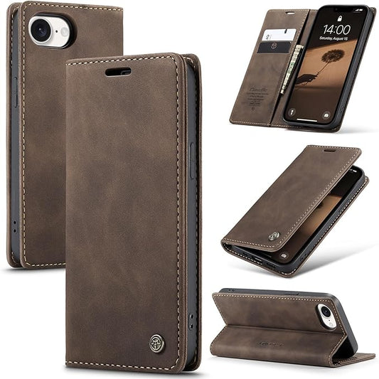 for iPhone 16e (6.1") / iPhone SE 4 / iPhone SE 2025 Case, Flip Wallet Leather Case with Card Holder Magnetic Closure Shockproof Kickstand Protective Phone Cases Cover for iPhone 16e, Coffee