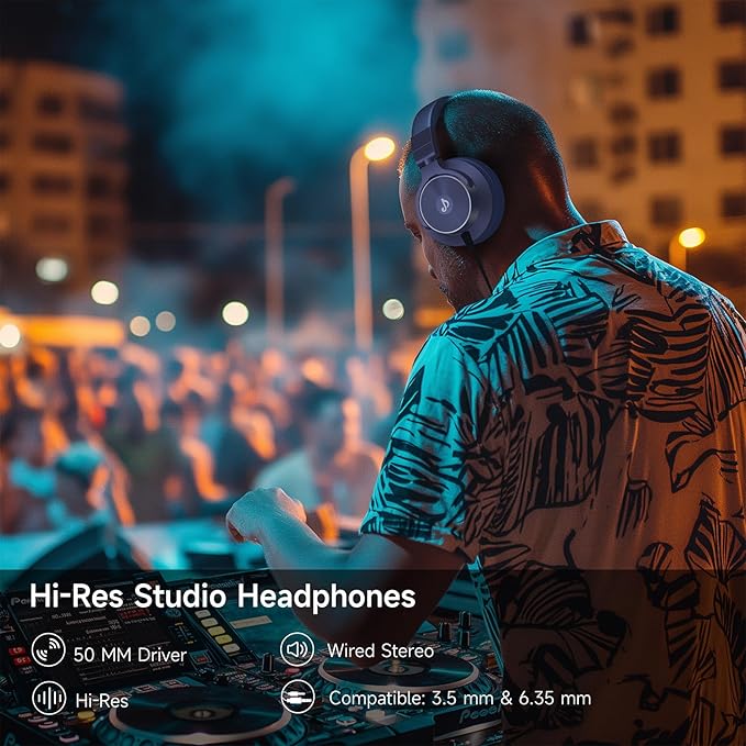 Wired Over Ear Headphones, Studio Monitor & Mixing DJ Headphones with 50mm Neodymium Drivers and 1/4 to 3.5mm Jack for Guitar AMP Podcast Piano Keyboard (Dark Blue)