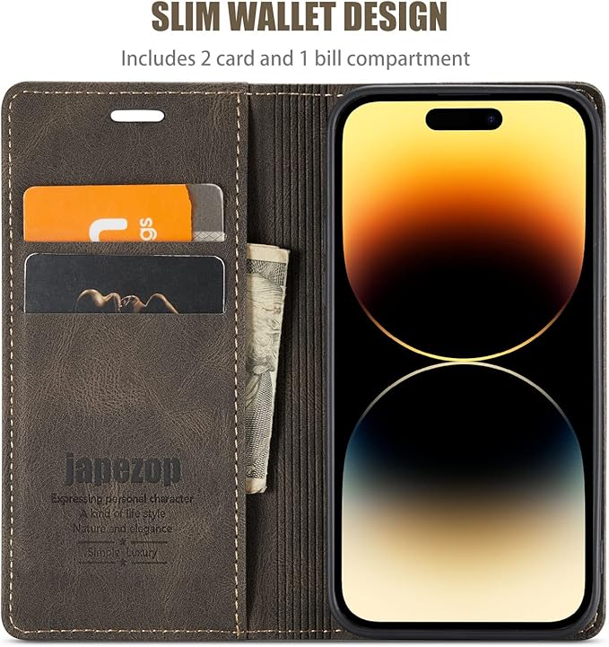 japezop Compatible with iPhone 14 Pro Wallet Case with [RFID Blocking] Credit Card Slots Folio Magnetic Stand,Leather Flip Case Wallet for iPhone 14 Pro 5G 6.1 Inch (Coffee)