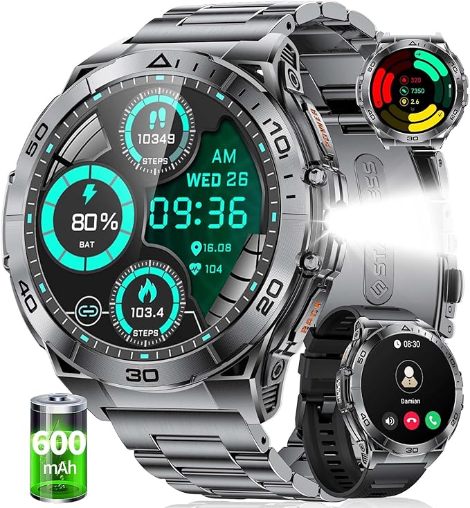 EF16 Smart Watch for Men with LED Flashlight, 1.6" AMOLED Fitness Tracker Watches, 600mAh Battery/2 Straps/100+ Sports/IP68 Waterproof/Bluetooth Call Smartwatch for Android iPhone Compatible