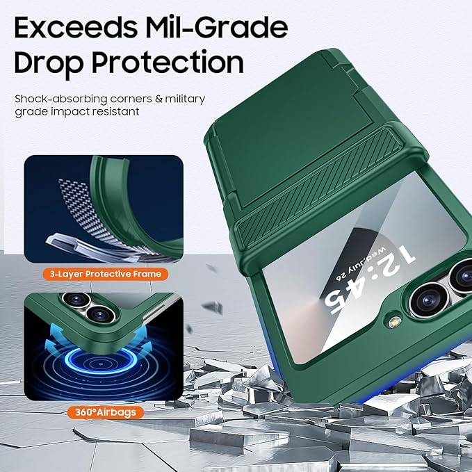 CENMASO for Samsung Galaxy Z Flip 6 Case/Z Flip 7 FE Case with Card Holder [RFID Blocking] & Hinge Protection & Screen Protector, Full-Body Shockproof Phone Case for Z Flip 6/Z Flip 7 FE-Green