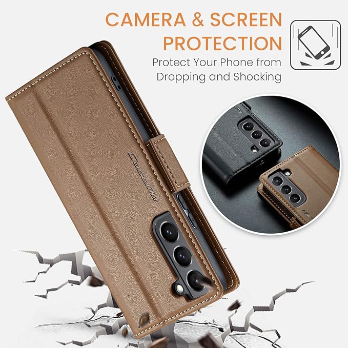 Case for Samsung Galaxy S21 Wallet Case, RFID Blocking PU Leather Flip Folio Cover Card Holder Kickstand Shockproof Phone Case Compatible with Samsung Galaxy S21, Brown