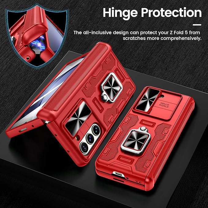 VEGO for Galaxy Z Fold 5 Case with Hinge Protection, Belt Clip Holster & 360°Ring Magnetic Kickstand & Camera Cover & Front Screen Protector Shockproof Cover - Vibrant Red
