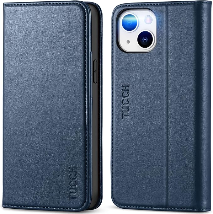 TUCCH Wallet Case for iPhone 14 6.1 5G, PU Leather Folio with [RFID Blocking] [3 Card Slot], Kickstand Book Design [Shockproof TPU Interior Shell] Compatible with iPhone 14 6.1-inch, Dark Blue