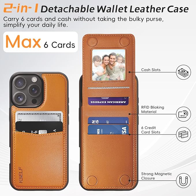 for iPhone 16 Pro Max Leather Wallet Case, Compatible with Magsafe, 2 in 1 Detachable Magnetic Card Holder, RFID Blocking Kickstand Credit Slots Flip Case for Men Women, Brown