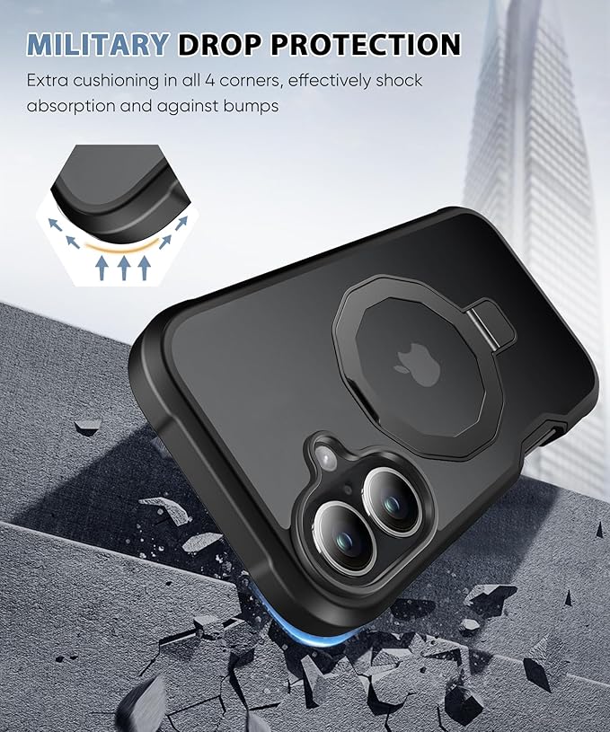 Compatible with iPhone 16 Plus Case, Built-in Screen Protector & Seamless Stand, with Camera Lens Protector, Strong Magnetic Matte Phone Case, Full Body Protective Cover for 6.7 Inch (Black)