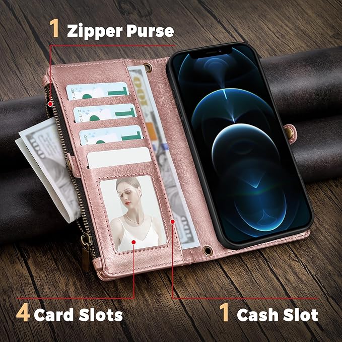 for iPhone 11 Pro Max Wallet Phone Case with 8 Card Holder,RFID Blocking | PU Leather | Kickstand | Flip | Wrist Strap&Shoulder Strap | Shockproof | Zipper Wallet | Women Men | 6.5" | Rose Gold