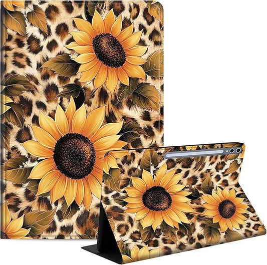 Case for Samsung Galaxy Tab S10 Plus/ S9 FE Plus/ S9 Plus 5G Tablet 12.4'', Slim PU Leather Stand Cover with Auto Wake/Sleep, Multi-Angle Viewing & Shockproof, Leopard Sunflower