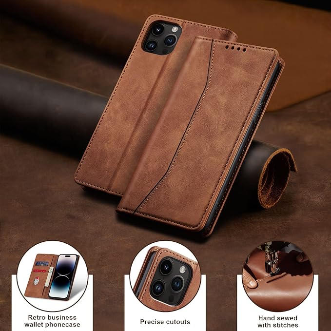 Jasonyu Flip Wallet Case for iPhone 14 Pro 5G,Leather Magnetic Folio Cover with Card Holder,Kickstand - TPU Shockproof Durable Protective Phone Case,Brown