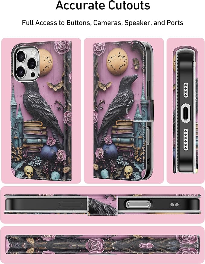 DEENAKIN for iPhone 16 Pro Max Wallet Case with Card Holder + Cash Clip, RFID-Blocking, Military-Grade Drop Protection, Magnetic Closure with Leather Kickstand - Gothic Skull & Raven