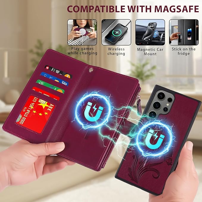 Lacass for Samsung Galaxy S24 Ultra Case Wallet,Compatible with MagSafe 2 in 1 Magnetic Detachable PU Leather RFID Blocking Wallet Cover Card Holder Zipper Wrist Strap Lanyard,Floral Wine Red